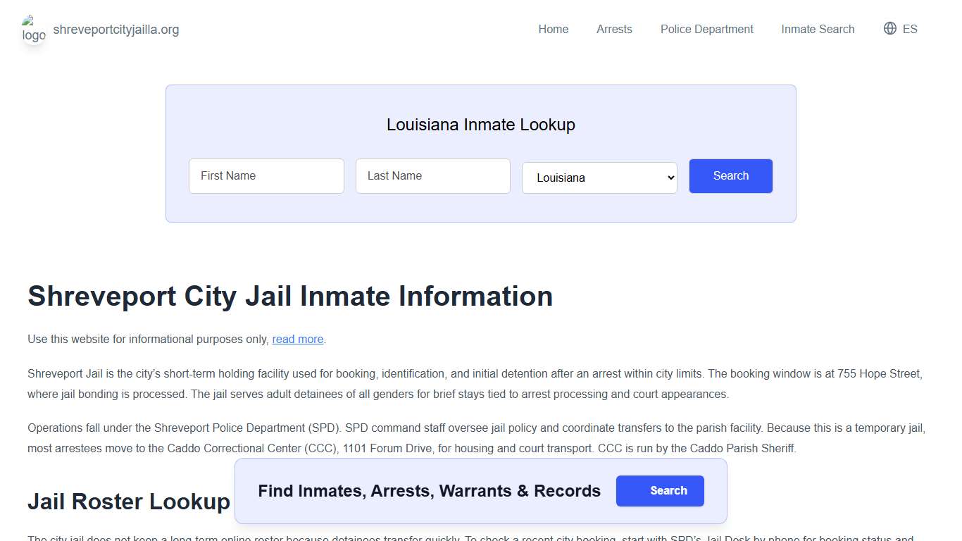 Shreveport Jail, LA Inmate Roster, Municipal Jail Info